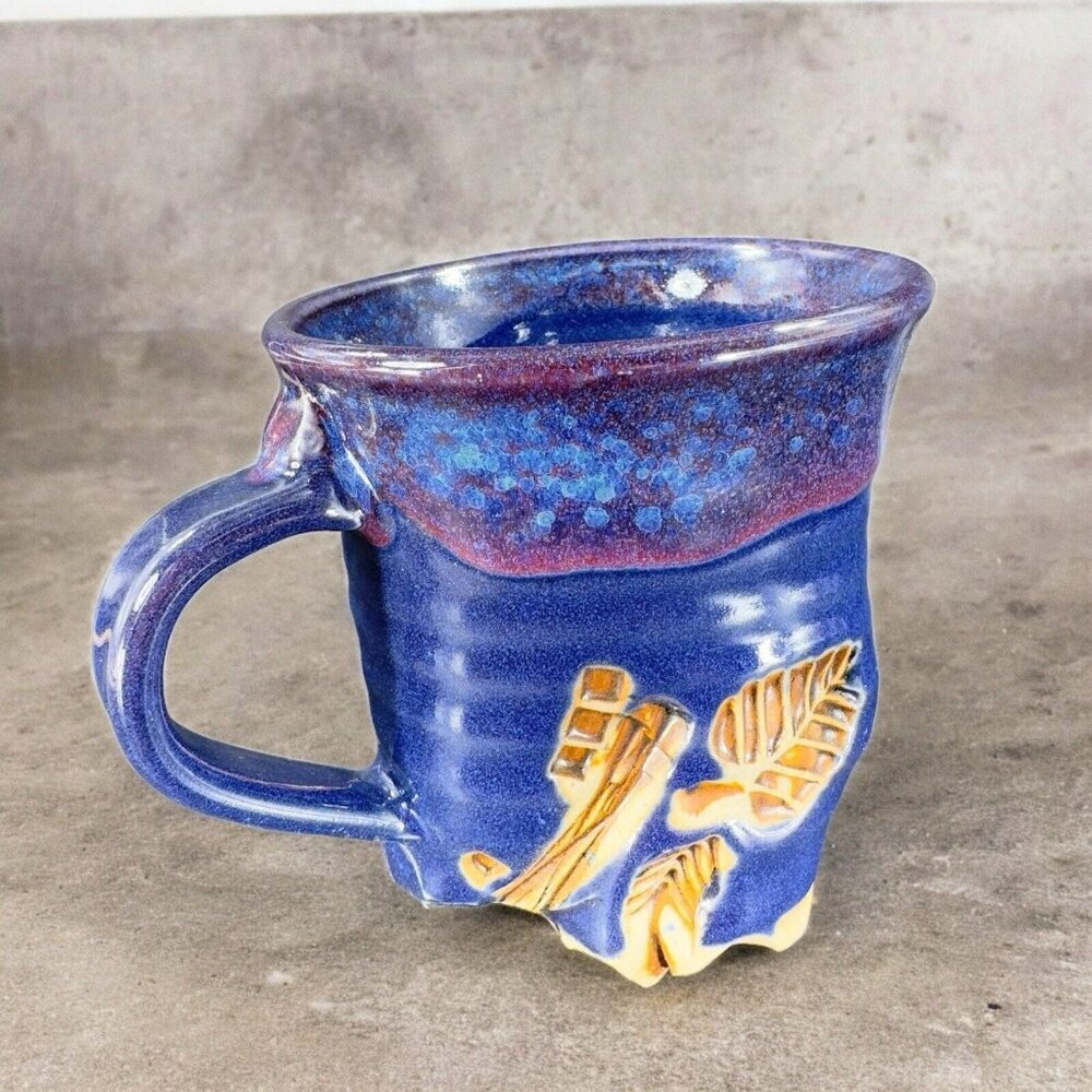 Hand Made Abstract Coffee Mug‎ Cup Cobalt Blue Pottery Mug Artist Signed Bottom